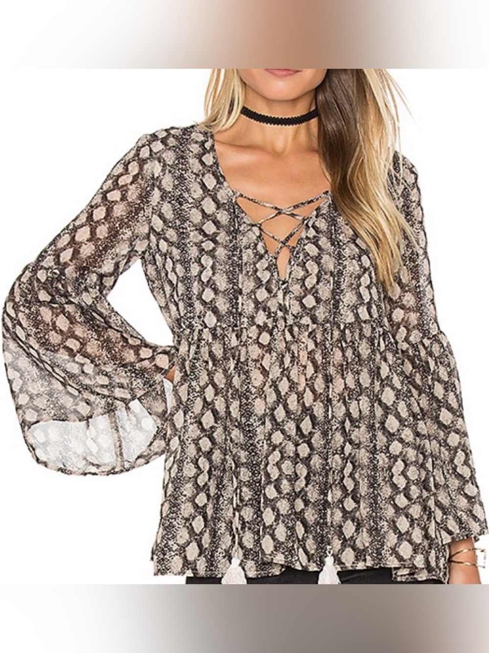 Show Me Your Mumu Poet Top Snake Print Bell Sleeve Boho Blouse Medium